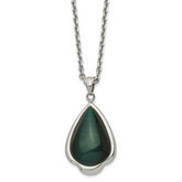 Stainless Steel Polished Synthetic Green Cats Eye Teardrop 20in Necklace